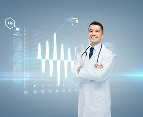 Image showing male doctor with cardiogram on virtual screen