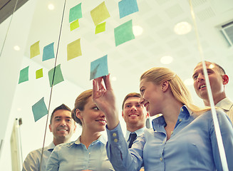 Image showing smiling business people with marker and stickers