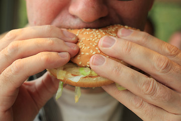 Image showing Man eating a hamburger