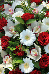 Image showing Cymbidium orchids, red roses and white gerberas