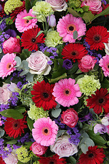 Image showing Wedding arrangement in red, purple and pink