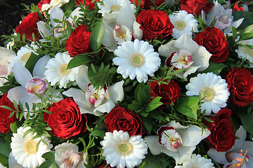 Image showing Cymbidium orchids, red roses and white gerberas