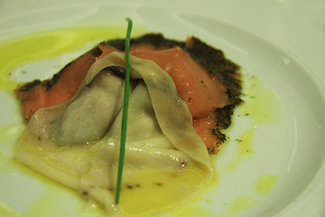 Image showing Sword fish with smoked salmon