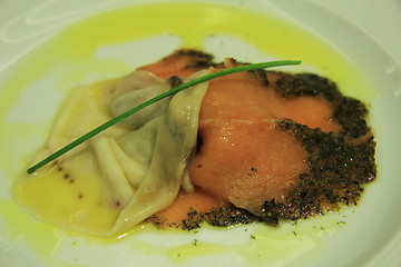 Image showing Sword fish with smoked salmon