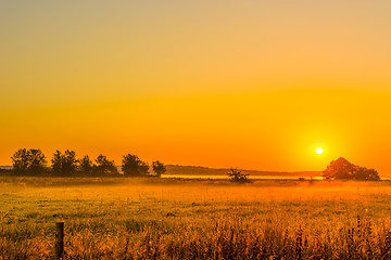 Image showing Sunrise over a field with mist