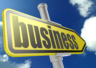 Image showing Yellow road sign with business word under blue sky