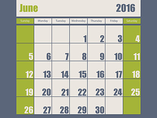 Image showing Blue green colored 2016 june calendar