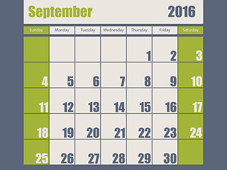 Image showing Blue green colored 2016 september calendar