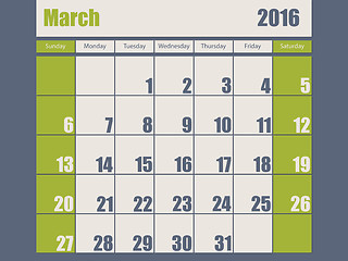 Image showing Blue green colored 2016 march calendar