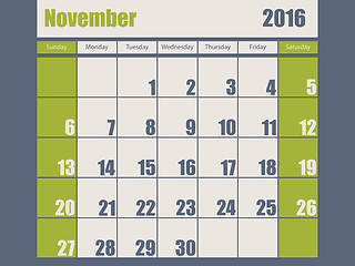 Image showing Blue green colored 2016 november calendar