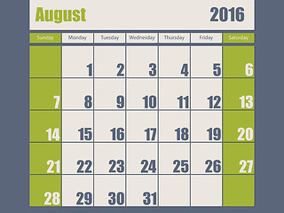 Image showing Blue green colored 2016 august calendar