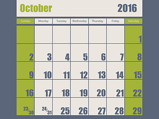 Image showing Blue green colored 2016 october calendar