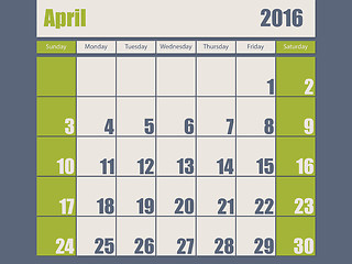 Image showing Blue green colored 2016 april calendar