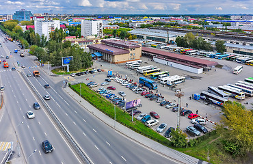 Image showing Aerial view onto intercity bus station. Tyumen