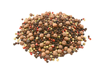 Image showing Mixed peppercorns - black, white, pink, green, pimento