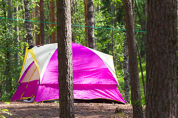 Image showing camping outdoor with  tent in woods in summer 