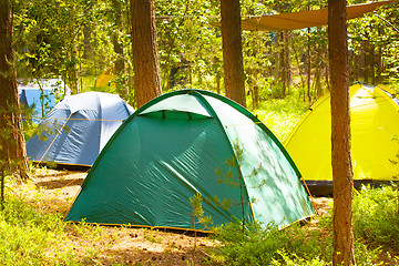 Image showing camping outdoor with  tent in woods in summer 