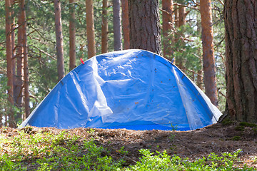 Image showing camping outdoor with  tent in woods in summer 