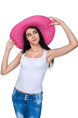 Image showing Casual woman in pink straw hat