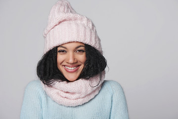 Image showing Laughing mixed race winter woman