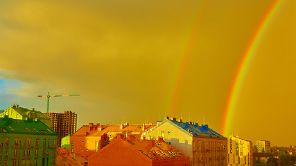 Image showing Double rainbow over the city