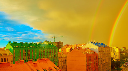 Image showing Double rainbow over the city