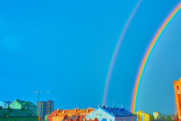 Image showing Double rainbow over the city