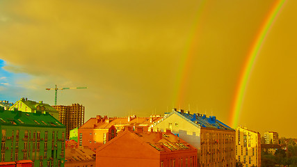 Image showing Double rainbow over the city