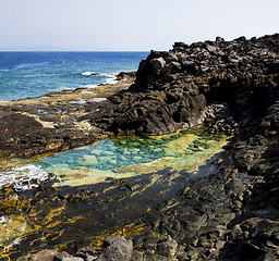 Image showing coastline in lanzarote spain pond  rock stone   musk  and summer