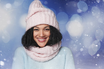 Image showing Laughing mixed race winter woman