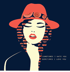 Image showing Vector double exposure illustration. Woman with red hat