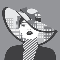 Image showing Vector double exposure illustration. Woman with city in her hat