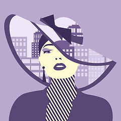 Image showing Vector double exposure illustration. Woman with city in her hat