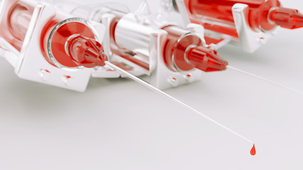 Image showing syringe production line or conveyor with artistic shallow DOF