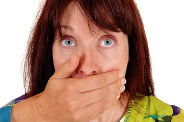 Image showing Closeup of a very scared woman.