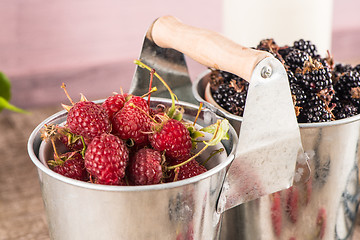 Image showing Metal buckets with fresh berries