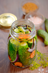 Image showing Pickled cucumbers, homemade preserved