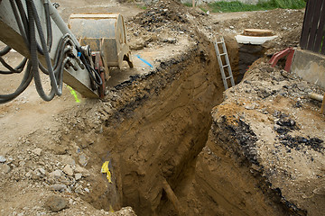 Image showing excavator ploughshare on trench - constructing canalization