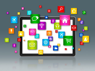 Image showing Digital Tablet and flying apps icons