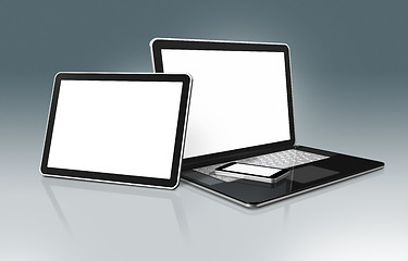 Image showing High Tech Laptop, mobile phone and digital tablet