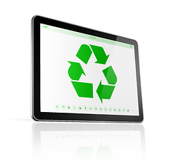 Image showing Digital tablet PC with a recycle symbol on screen. environmental