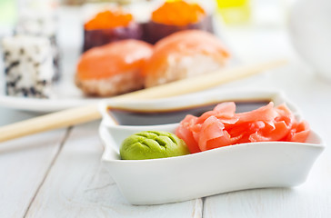 Image showing ginger, vasabi and soy sauce in white bowl