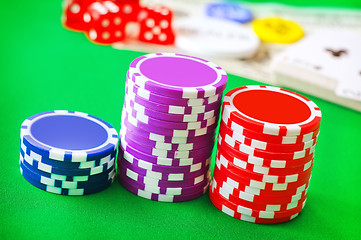 Image showing Group from chips for poker on the green background