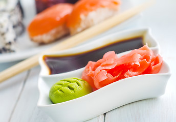 Image showing ginger, vasabi and soy sauce in white bowl