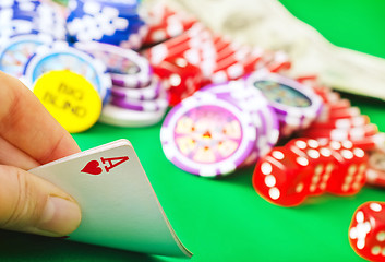 Image showing Card for poker in the hand, chips and card for poker