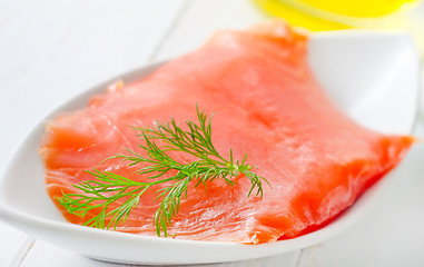 Image showing Fresh salmon in the white table