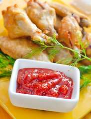 Image showing Hot Meat Dishes - Grilled Chicken Wings with Red Spicy Sauce