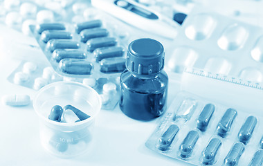 Image showing color pills and medical bottle