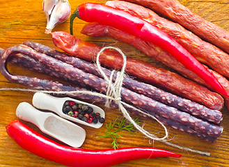 Image showing sausages on the wooden table with aroma spice