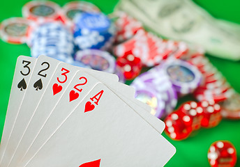 Image showing Card for poker in the hand, chips and card for poker